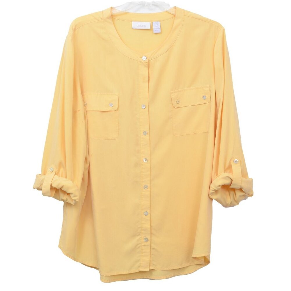 Chico's Yellow‎ Utility Shirt Button Down Long Sleeve Shirt Top Blouse Size 3